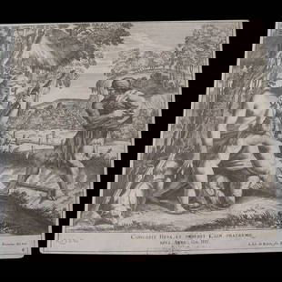 Cain and Abel Biblical Engraving | After Raphael | Cesare Fantetti | 17th-Century Antique Italian: Rare 17th-century antique copper engraving titled &#8220;Concepit Heva, et peperit Cain, fratremque ejus Abel&#8221;, illustrating the birth of Cain and Abel from the Book of Genesis. This powerful bi