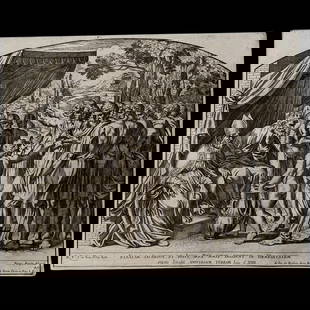 Raphael Bible - Joshua and Eleazar casting lots between Israel's sons for the division of the land -: Joshua and Eleazar casting lots between Israel's sons for the division of the land Title: Eleazar Sacerdos, et Josue Rex sorte dividunt in Heredtitatem filiis Israel universam terram. Engraver: Pietro