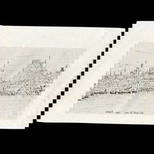 Cologne city and Rhine river, Germany - Drawing from 1875: Cologne city and Rhine river. Drawing showing Cologne city and the Cathedral overlooking the Rhine river. Title: from the "Belle vue". Date: 1875. Size: 21x13,5 cms. Condition: stuck to cardboard. Res
