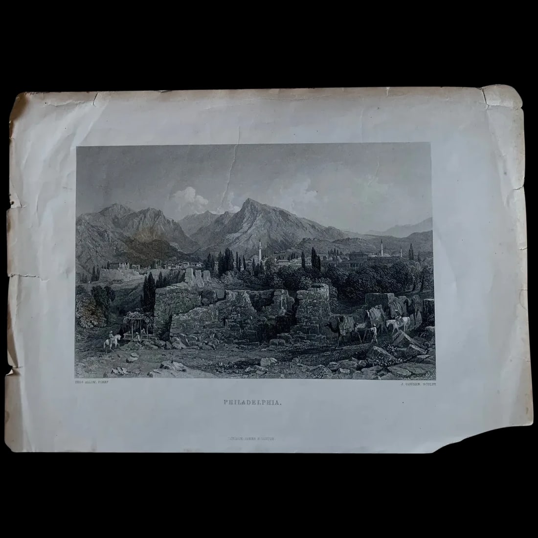 Ruins of Philadelphia (Alasehir, Turkey) - 1800s engraving.: Philadelphia (Alasehir, Turkey) Title: Philadelphia. Engraver: Engraver: John Cousen (Bradford 1804–1880 London). Artist: after Thomas Allom (1804-1872). Description: Alaşehir, in Antiquity