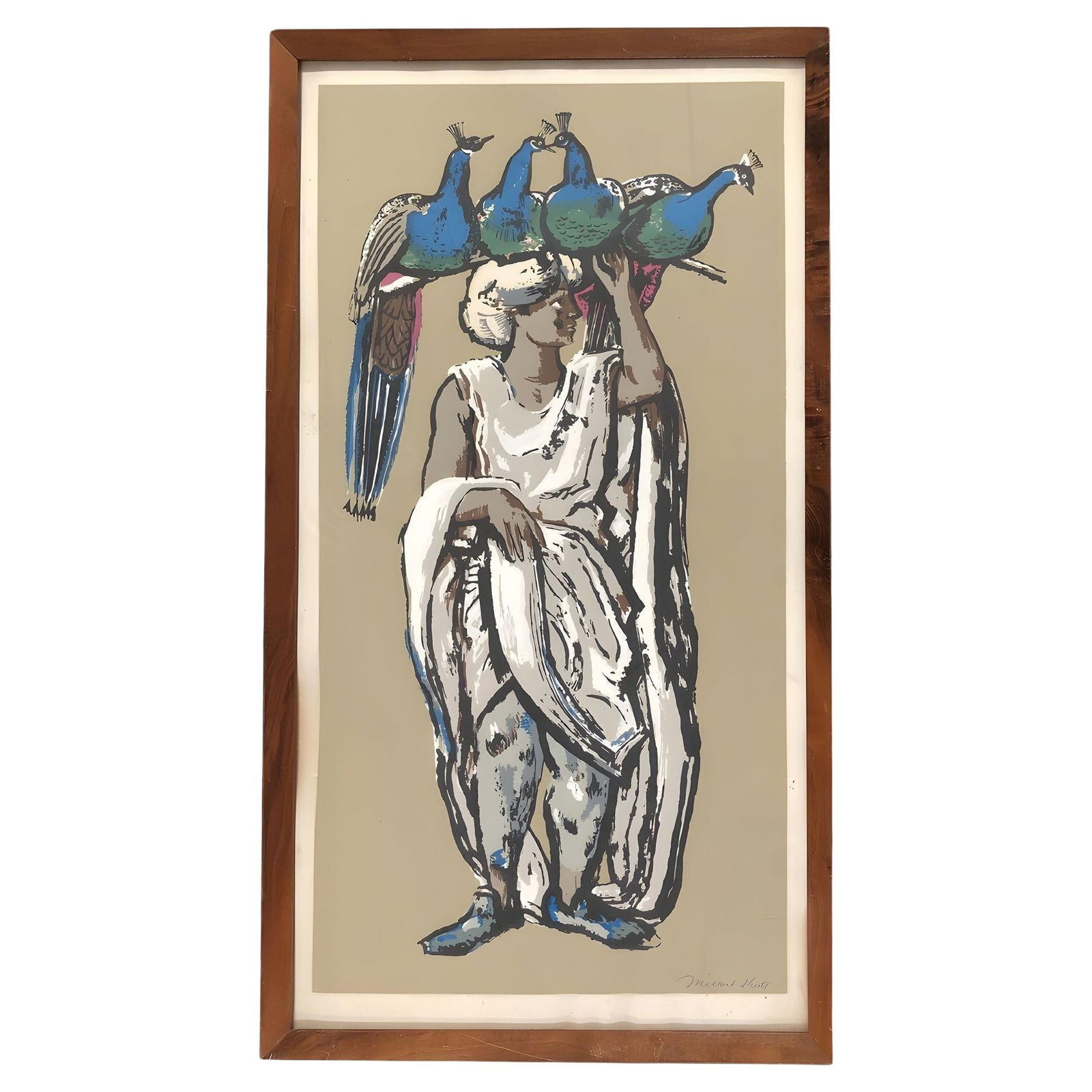 Framed "Peacock Vendor" Serigraph by Millard Owen Sheets (1907- 1989): About the Item Original Framed "Peacock Vendor" Serigraph by Millard Owen Sheets, Limited Edition of 350. This original print features a Roman women selling Peakocks on a Roman street in it's original