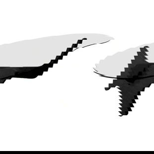 Midcentury Biomorphic "Airplane" Coffee Table: About the Item This 1950s black lacquer biomorphic "Airplane" coffee table, in the style of Isamu Noguchi, was nicknamed the "Airplane Table," for its interlocking carved oak base. The base is surmoun