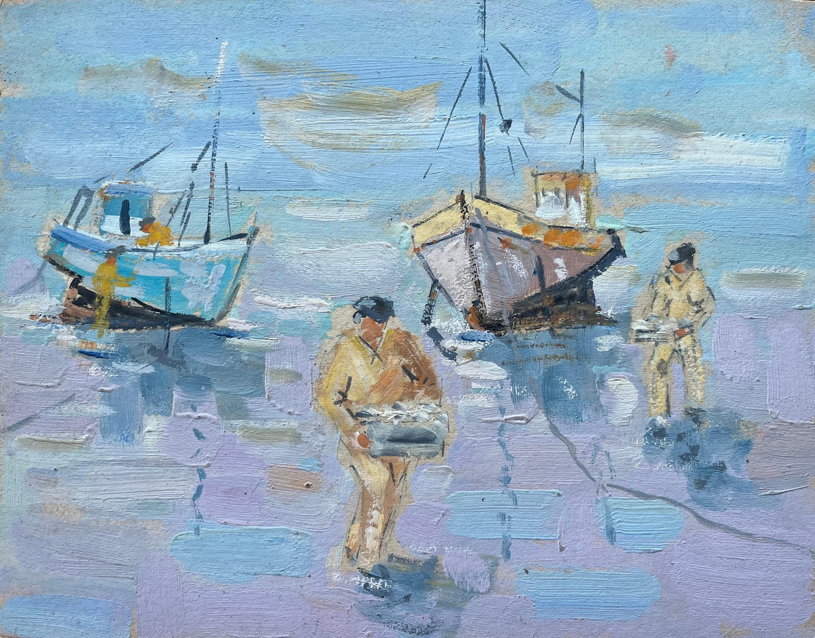French Impressionist Oil Painting of Fishermen and Beached Boats at Low Tide: About the Item Title: French Impressionist Oil Painting of Fishermen and Beached Boats at Low Tide by Fanch Lel (French b. 1930) Size: 9.75 inches (height) x 12.5 inches (width) Oil painting on board,