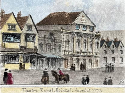 Historic Miniature Watercolor of Theatre Royal Bristol Founded 1776: About the Item Title: Historic Miniature Watercolor of Theatre Royal Bristol Founded 1776 by Jack Grunwell, 20th century British artist Medium: Watercolor on thin card, unframed Measurements: 2.5 inch