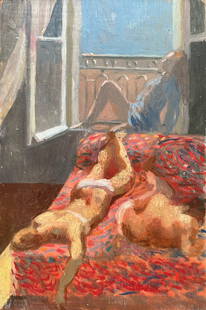 Modern French Oil Painting Two Reclining Nudes on a Red Bed with Sunlit Window: About the Item Title: Modern French Oil Painting Two Reclining Nudes on a Red Bed with Sunlit Window by Bernadette Kelly (French b. 1933) Unsigned Medium: oil painting on board, unframed Painting size