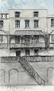 Miniature Watercolor of Elegant Regency Architecture in Clifton in Bristol: About the Item Title: Miniature Watercolor of Elegant Regency Architecture in Clifton in Bristol by Jack Grunwell, 20th century British artist Medium: Watercolor on thin card, unframed Measurements: 3