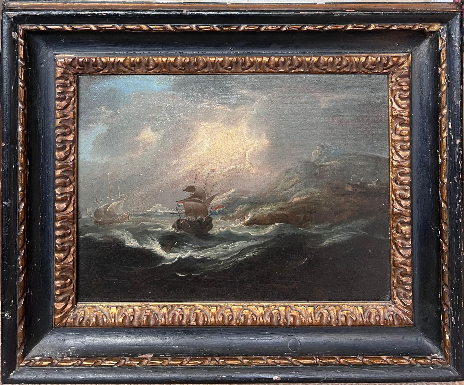 Fine 17th Century Dutch Old Master Marine Oil Painting Ship in Stormy Seas: About the Item Stormy Seas Dutch School, 17th century circle of Matthjs van Plattenberg (Dutch 1607-1660) oil on canvas, framed in fine antique black and gilt wood frame framed: 18 x 22.5 inches canva