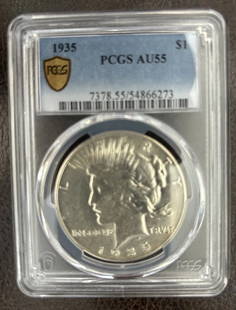 1935 Peace: Title: 1935 Peace Description: PCGS AU55 Date/Period: 1935 Materials: Silver Reserve: $100.00 Shipping: Domestic: Flat-rate of $7.95 to anywhere within the contiguous U.S. International: Foreign