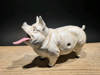 Cast Iron Mechanical Hog Pig Coin Bank: 5" H x 8 1/4"L Great reproduction folk art cast iron mechanical coin bank. Hand painted. Antique-style cast iron pig mechanical coin bank, also known as a "Hungry Pig" mechanical bank. These mechanica