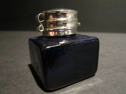 Solid Thick Glass Square Cobalt Blue Inkwell Ink pot Bottle: Charming 1 1/2" x 1 1/2" x 1 7/8" tall Reproduction antique cobalt blue glass inkwell. Very heavy thick glass each with charming subtle signs of being hand made. The hinged shiny lid is silver plated