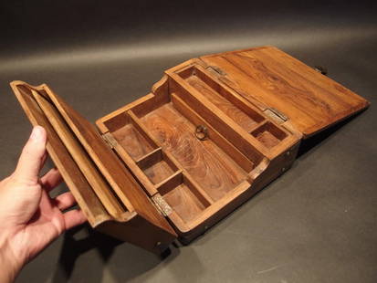 Folding Document Writing Slope Lap Desk Campaign Box: 10 1/2" x 9" Wide x 3 1/2" High The drawer is 5 3/8" Long x 1 3/4" wide 5lbs Beautiful and creative reproduction antique fold out lap writing desk, with an assortment of storage areas. Great for half
