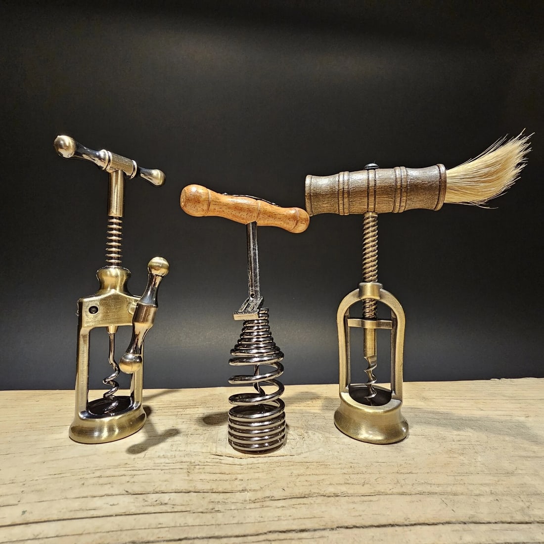 Set of 3 Antique Style Corkscrew Wine Bottle Opener: Wonderful reproduction set of 3 wine bottle corkscrews. All Incredibly easy to use, it's also fun to watch in action. For the rack and pinion opener simply extend the side handle fully to maximize the