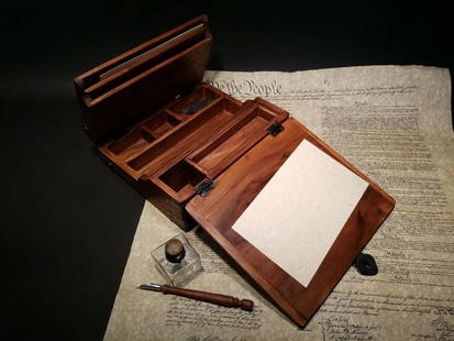 Folding Writing Slope Lap Desk Box with Inkwell Pen Ink: 10 1/2" x 9" Wide x 3 1/2" High 5 lbs. Beautiful and creative reproduction antique fold out lap writing desk, with an assortment of storage areas made from a beautiful unknown hardwood with a distress