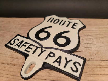 Aluminum Route 66 Safety License Plate Fob Topper: 7" tall x 5 3/4" wide Wonderful reproduction safety license plate topper. Good detail aluminum, slightly aged to look like an antique. Certainly hard to tell its age. Reserve: $30.00 Shipping: Domesti
