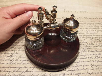 Brass Hardwood w 2 Clear Glass Inkwell bottles pots: 5 1/4" Wide Wood Base x 3 5/8" High Great creative reproduction of an antique 19th century inkwell ! This piece accommodates the two thick cut glass inkwells on a hardwood base with all solid brass do