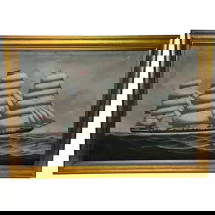 Victorian Oil Painting Wiscombe Park Ship Enroute to Australia John Blumer & Co: Victorian Oil Painting Wiscombe Park Ship Enroute to Australia John Blumer & Co 1 Fine Historical Marine Large Victorian Oil Painting Wiscombe Park General Cargo Square Rigger Sailng Steel Ship John B