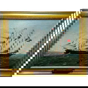 French Victorian Oil Painting Marine Barquentine Ship Charles James Off Dunkirk: French Victorian Oil Painting Marine Barquentine Ship Charles James Off Dunkirk 1 Fine Large Antique Victorian 19th Century French Work of Art Oil Painting Marine Barquentine Ship Charles James Off Du