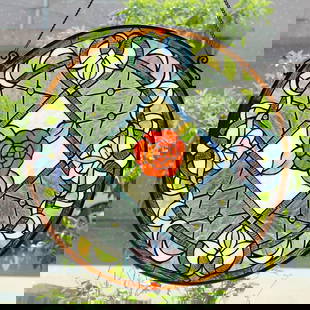 23" Round Stained Glass Window Hanging Panel Suncatcher: Description 23.6" Wide 35.83" max hanging height with chain Wonderful reproduction stained glass window panel meticulously handcrafted from pieces of hand cut stained art glass. Each individual piece