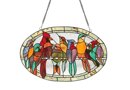 23.4 " Bird Stained Glass Window Hanging Panel Suncatcher: Description 23.4" Wide x 14.96" tall Great reproduction glass panel with a charming assortment birds. This piece is hand made from individually cut pieces of glass. The techniques used to make this pa