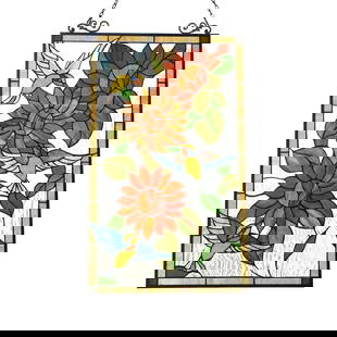 33" Hummingbird Stained Glass Window Hanging Panel Suncatcher: 33" (H) x 19.9" (W) Such a wonderful reproduction stained glass window panel. This panel is a true testament to the beauty and craftsmanship of stained glass art, and it is the perfect addition to any