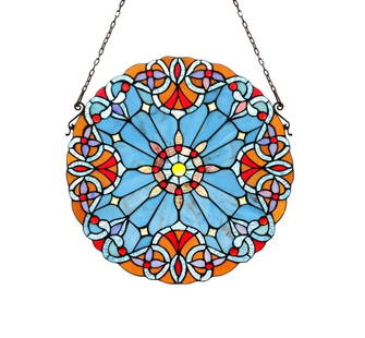 20" Round Stained Glass Window Hanging Panel Suncatcher: Description 20" Wide 32" max hanging height with chain Such a wonderful reproduction stained glass window panel. This panel is a true testament to the beauty and craftsmanship of stained glass art, an