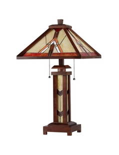 25.6" Stained Glass Wood Mission Table Lamp: 25.6" High 15" Wide Shade (2) 60 Watt E26 Type A Bulb + (1) 25 Watt E12 Type C Bulb (not included) Illuminate your space with the timeless beauty of our reproduction Traditional Mission-Style Table La