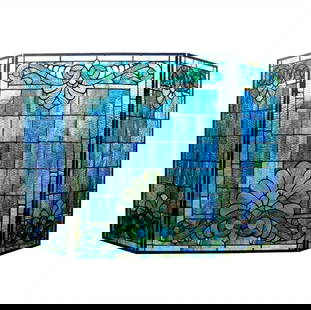 44" Folding Stained Glass Fireplace Screen: 43.6" Wide x 28" Tall A stunning reproduction stained glass fireplace panel meticulously handcrafted from pieces of hand cut stained art glass. Each individual piece of stained glass is meticulously l