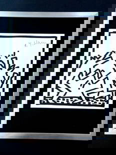 KEITH HARING + SIGNED VINTAGE PRINT FRAMED + BUY IT NOW!: This is a Beautiful and Scarce Vintage 1989 Print after Keith Haring FACSIMILE SIGNED IN RED INK Print is about 8x8in. Mounted and Framed covering an area of 15x12 in. Printed in Bond Paper after the