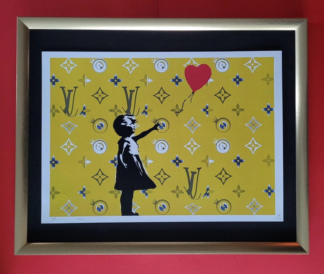 Death NYC Large Framed 16x20in Pop Art COA Balloon Heart Murakami Banksy ^: Up for Sale this Beautiful and Scarce Print by Pop Art Graffiti Master Artist Death NYC Hand Signed in Pencil Numbered X/100 or Proof This piece is mounted on a 20 x 16 in. black acid free black board
