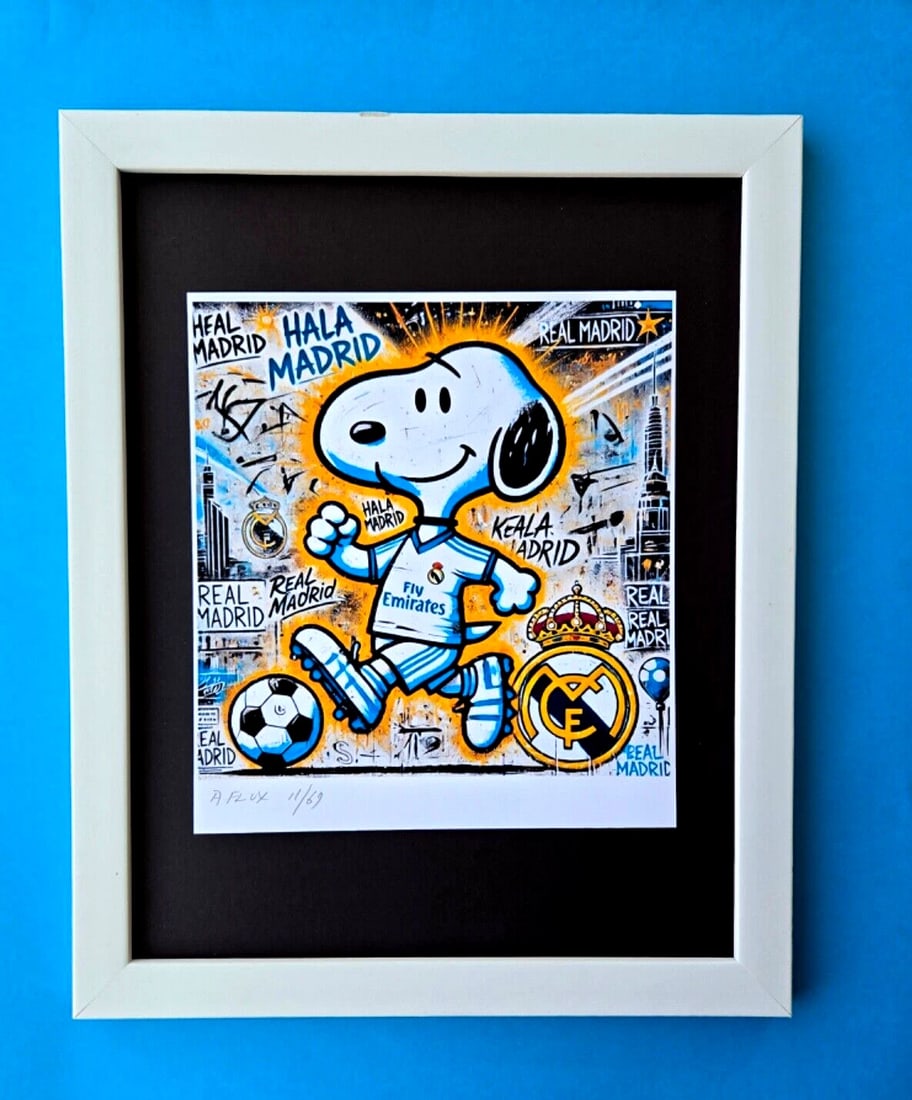 AIDAN FLUX | Hand Signed Print Ed. of Only 69 SNOOPY REAL MADRID SOCCER COA: This is a one-of-a-kind Hand Signed Authentic Giclee by AIDAN FLUX. From his Series "American Icons" The print is 10x8in., measuring framed 16 inches in height and 12 inches in width, it comes framed 