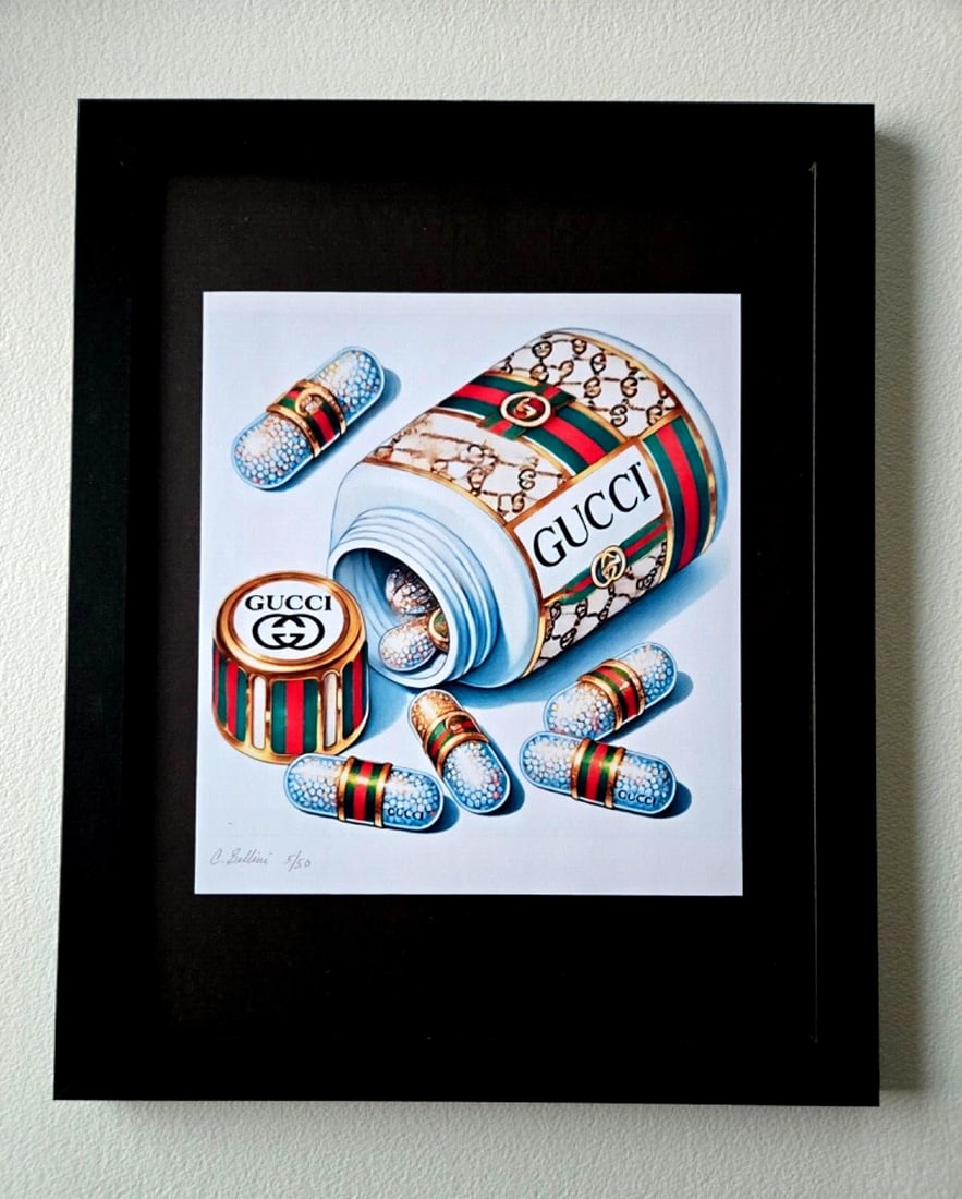 Chiara Bellini + "GUCCI Comfort Pills" Original Hand Signed Print Ltd Ed | COA: GUCCI Comfort Pills by Chiara Bellini Series: Shopping Therapy Artist: Chiara Bellini Title: Chanel Comfort Pills Edition: Limited edition of 50 Size: 15x12in Framed Medium: Giclée print on high-