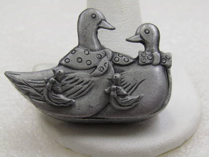 Vintage Pewter Duck Earrings & Necklace Set in Duck Trinket Box, Signed Torino: Vintage Pewter Duck Earrings & Necklace Set in Duck Trinket Box. Cute gift set thta comes complete with a trinket box with the duck couple on top and pierced earrings that match that mount on the lid,