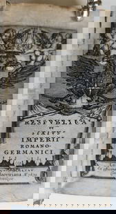 1634 RESPUBLICA ET STATUS IMPERII ROMANO GERMANICI antique ELZEVIER VELLUM BOUND: REPUBLICA ET STATUS IMPERII ROMANO GERMANICI. Lugduni Batavorum (Lyon): Ex officina Elzeviriana; 1634 8 lvs, 414, 382, 1 pp. Original overlapping vellum with manuscript title to the spine Size 2 1/2 b