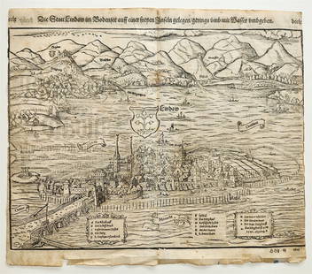 1572 LINDAU GERMANY MAP from SEBASTIAN MUNSTER COSMOGRAPHY antique: LINDAU , GERMANYMap from 1572 Sebastian Munster's CosmographySize 12 1/4 by 14 1/2 inchesfold, trimmed marginsReserve: