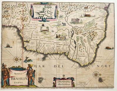 1640s BRAZIL SOUTH AMERICA antique MAP Novus Brasiliae Typus: Novus Brasiliae Typus[Amsterdam: William Blaeu; c.1640]Double sided (text on the backside in Latin)Size 14.5 by 18.5