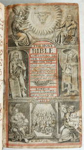 1653 BIBLE in ENGLISH King James antique ORIGINAL BINDING: THE HOLY BIBLE Containing the Old Testament and New London: Evan Tyler, for a Society of Stationers, 1653 (both title pages within decorative woodcut borders); Bound with: The whole book of Psalms. Lo