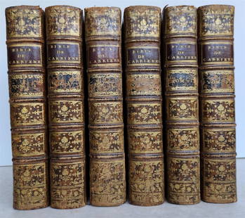 1750 BIBLE in FRENCH 6 VOLUMES antique ILLUSTRATED w/ 3 MAPS: Sainte Bible, contenant l'Ancien et le Nouveau Testament, avec un commentaire litt&#233;ral ins&#233;r&#233; dans la traduction francoise par le R.P. De Carrieres [...]. 6 volumes, complete set Paris;