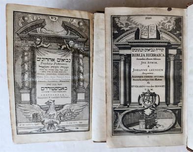 1705 BIBLE in HEBREW 2 VOLUMES antique BIBLIA HEBRAICA Judaica: BIBLIA HEBRAICA recognitam, recensita... ab Everardo van der Hooght. Ed. longe accuratissima. 4 parts in 2 volumes Amsterdam and Utrecht, Boom et al.; 1705 Size 5.5 by 8.5 inches With 1 copperplate ti