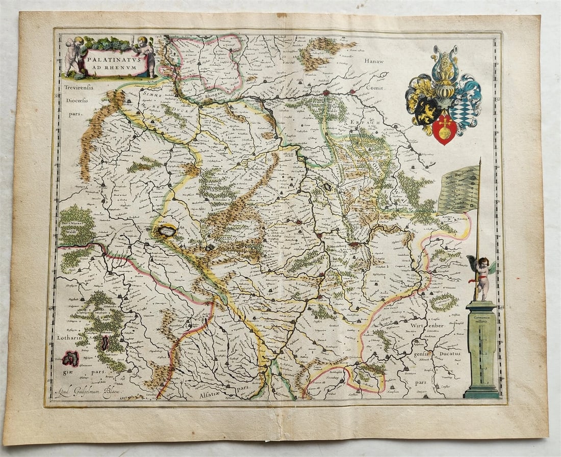 1640 MAP of GERMANY RHINE RIVER by WILLEM BLAEU antique AUTHENTIC hand colored (1 of 4)