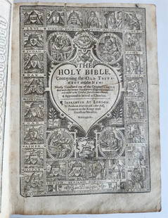 1629 BIBLE in ENGLISH antique ILLUSTRATED Old & New Testament: [BIBLE in ENGLISH] Holy Bible, Contayning the Old Testament and the New London: Bonham Norton & John Bill; 1629 Illustrated woodcut title pages present for Old & New Testaments opens with The Genealog