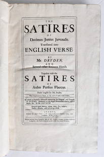 1693 JUVENAL & PERSIUS THE SATYRES 1st DRYDEN EDITION antique FOLIO in ENGLISH: Juvenalis, Decimus Junius; & Aulus Persius Flaccus. The Satires . . . Made English by Mr. [John] Dryden. London: for Jacob Tonson, 1693 [4], xxxix [i. e., liii], [3], 315, [1]; [4], 87 pages, includin