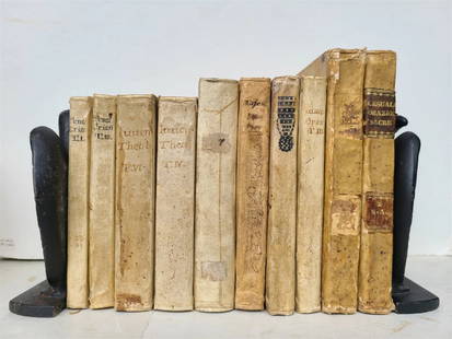 18th CENTURY BINDINGS - LOT of 10 VELLUM BOUND BOOKS antique: LOT OF 10 ANTIQUE 18th CENTURY BOOKS Odd volumes 9 are full vellum bound, one is 3/4 vellum Text in Italian (except one - in German) Largest: 5 1/4 by 8 1/4" All bindings are firmly attached. Some soi