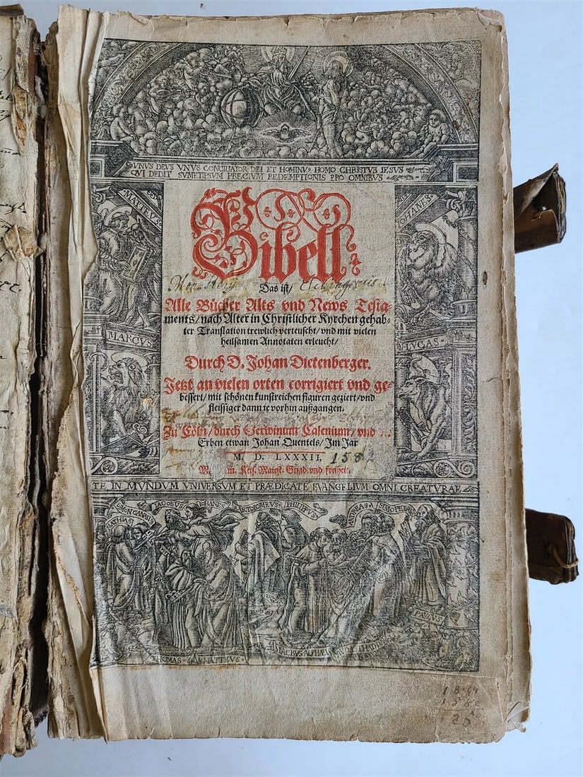 1582 BIBLE GERMAN ILLUSTRATED by Bocksberger & Jost Amman antique BIBLIA FOLIO: Bibell, Das ist, alle Bücher Alts und News Testaments verteutscht durch Johan Dietenberger. Koln, (Cologne), G.Calenius u. Quentel Erben ; 1582 Small folio: 8 1/2 by 12 3/4" with 2 woodcut title