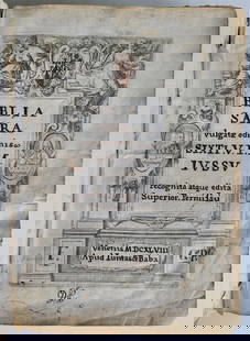 1648 BIBLE ILLUSTRATED in LATIN antique VELLUM BOUND BIBLIA SACRA: Biblia sacra vulgatae editionis Sixti V. P(ont.) M(ax). iussu recognita atque edita. Venice, Juntas and Baba; 1648 With signed title and numerous woodcut illustrations 11 pages, 936 pages, 24 pages Si