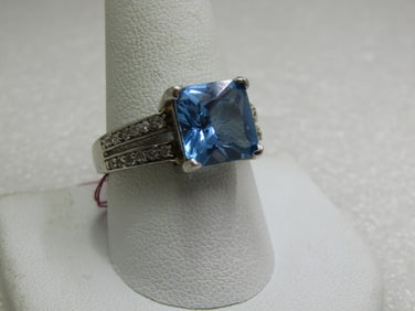 Sterling Created Blue Topaz CZ Ring, Sz. 10.5.