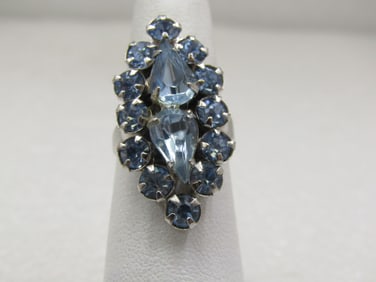 Vintage Blue Rhinestone Ring, Adjustable, Mid-Century