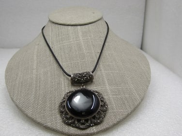 Vintage Sterling Marcasite & Onyx Necklace, 19" Black Leather