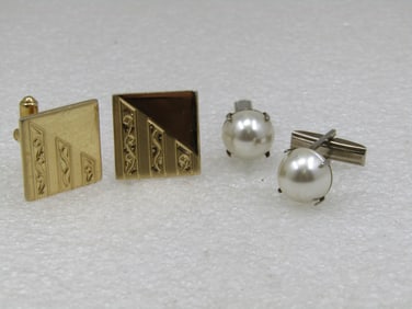 Vintage 2 Pair Cufflinks, 1950's, Faux Pearl & Square