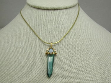 Vintage Malachite Faux Opal Crystal Pendant on 19" 1mm square chain with spring clasp