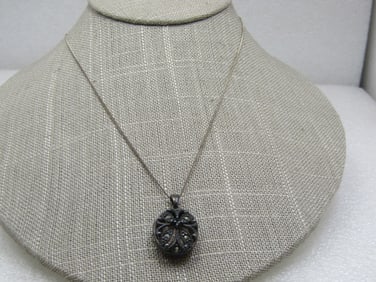Vintage Sterling Marcasite Blossom Locket Necklace, 19", Signed RJ